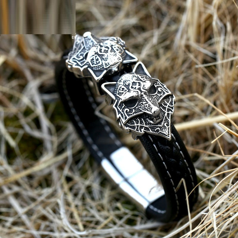 Bracelet Vintage Double Tête de Loup en Acier Inoxydable