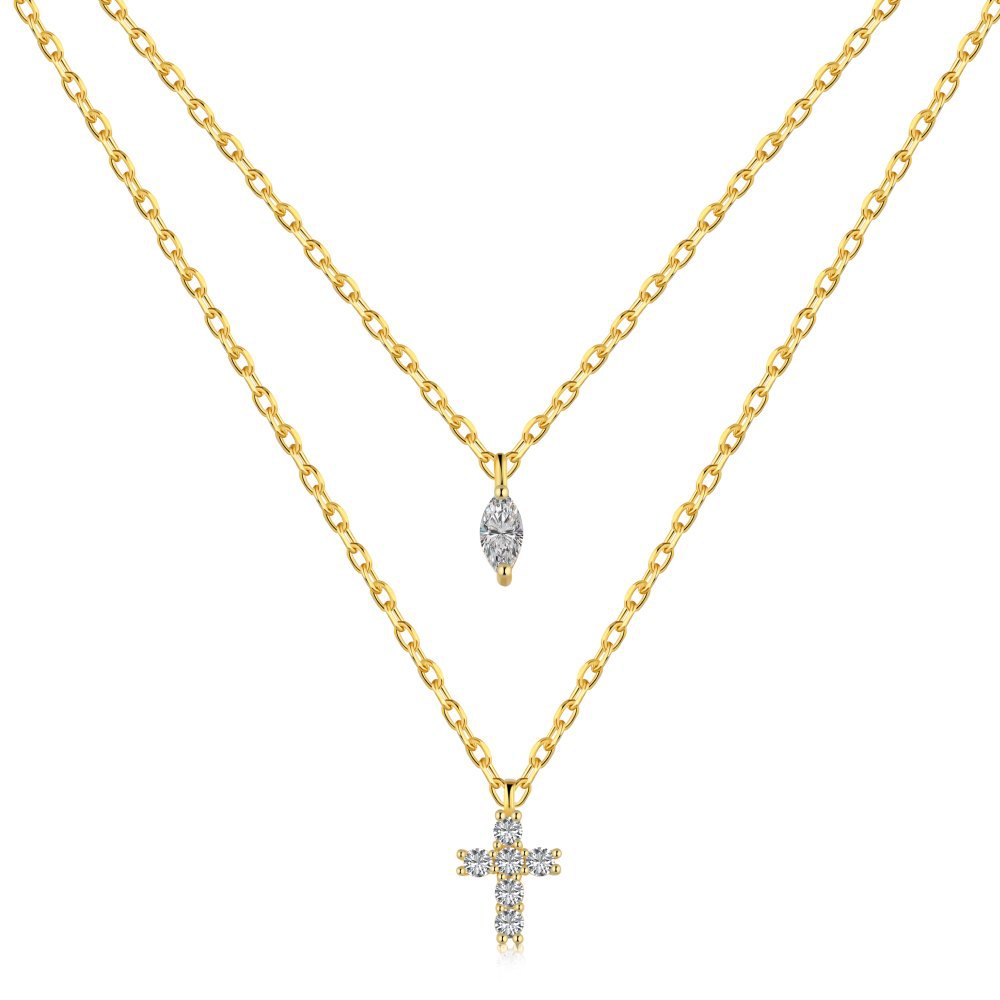 Doppellagige Kreuz-Halskette mit kubischem Zirkonia aus Sterlingsilber