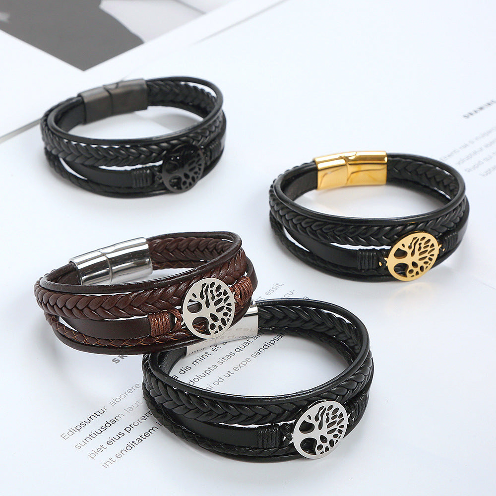 Simple Multilayer Leather Tree of Life Shaped Magnetic Bracelet