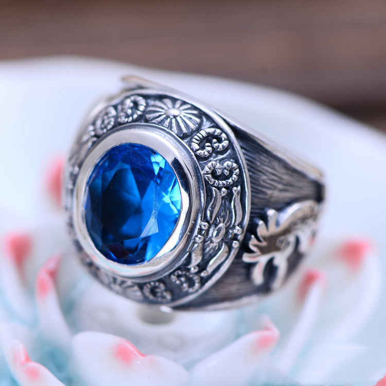 Vintage Totem Blauer Kristall Sterling Silber Ring