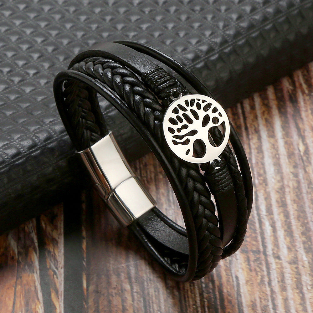 Simple Multilayer Leather Tree of Life Shaped Magnetic Bracelet