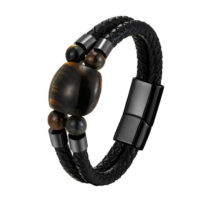 Natural Tigers Eye Leather Woven Bracelet