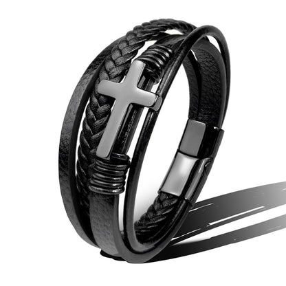 Bracelet en acier inoxydable avec croix en cuir marron noir