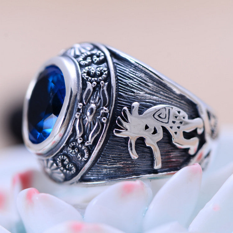 bague en argent sterling totem vintage en cristal bleu