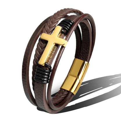 Bracelet en acier inoxydable avec croix en cuir marron noir