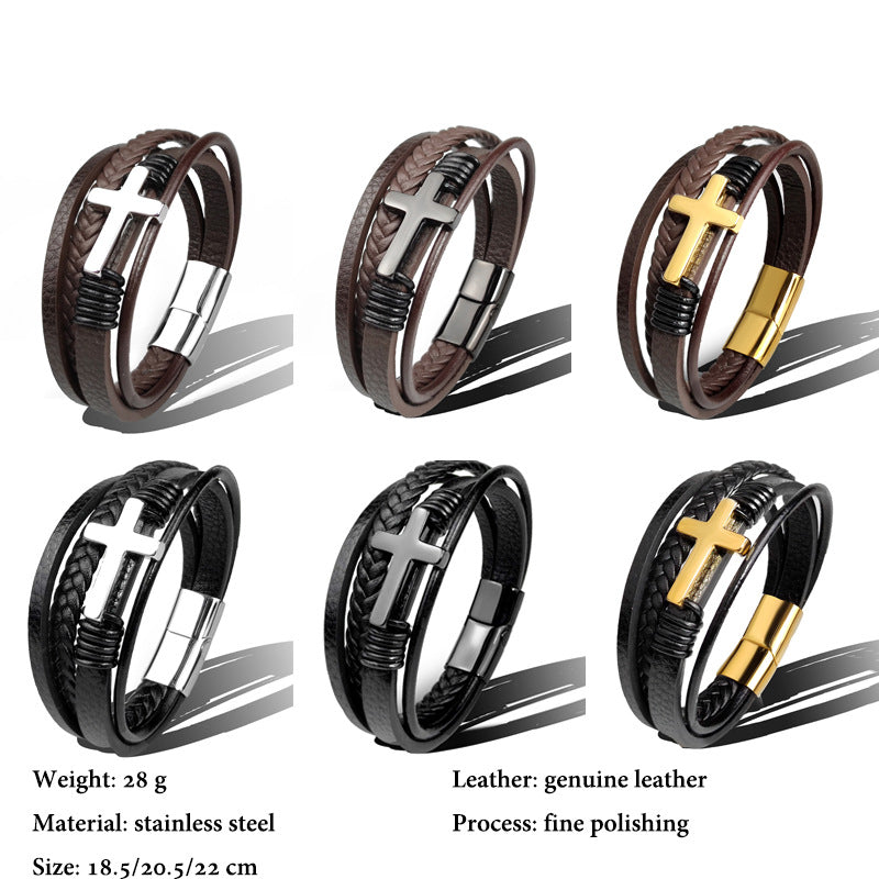 Stainless Steel Leather Cross Brown Black Bracelet